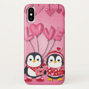Funda Para iPhone X Pingüinos de pájaro de El día de San Valentín rosa