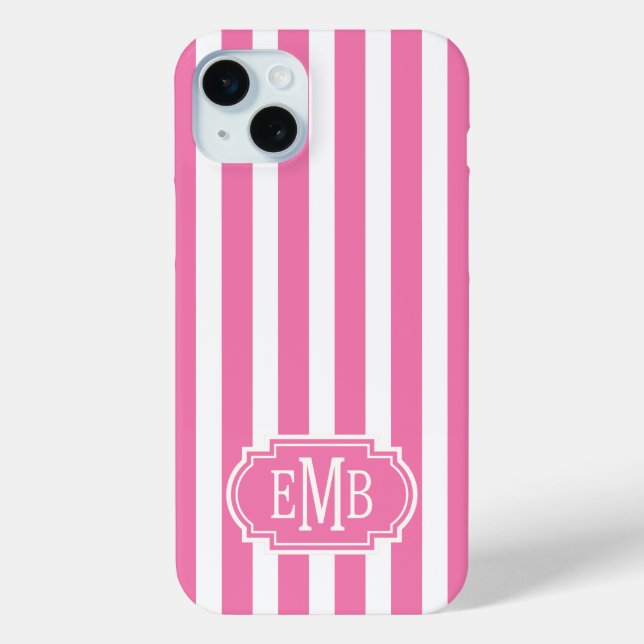 Funda De Case-Mate Para iPhone Pink and White Monogrammed Stripes (Reverso )