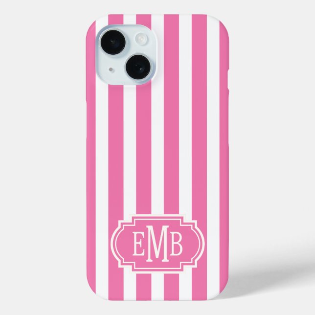 Funda De Case-Mate Para iPhone Pink and White Monogrammed Stripes (Reverso )