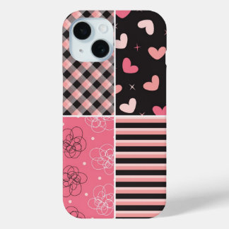 Funda Para iPhone 15 Pink Black Hearts Stripes Plaid Scribled Pattern