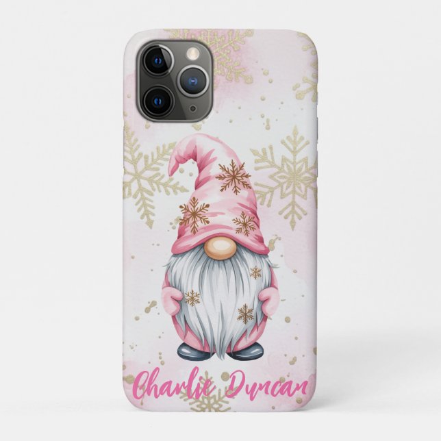 Funda De Case-Mate Para iPhone Pink Christmas Gnome Gold Snowflakes (Reverso)