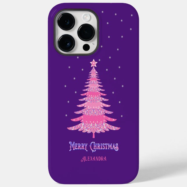 Funda De Case-Mate Para iPhone Pink Christmas Tree Custom Name Purple (Reverso )