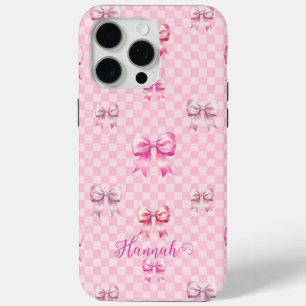Funda Para iPhone 15 Pro Max Pink Coquette Bow Checkerboard