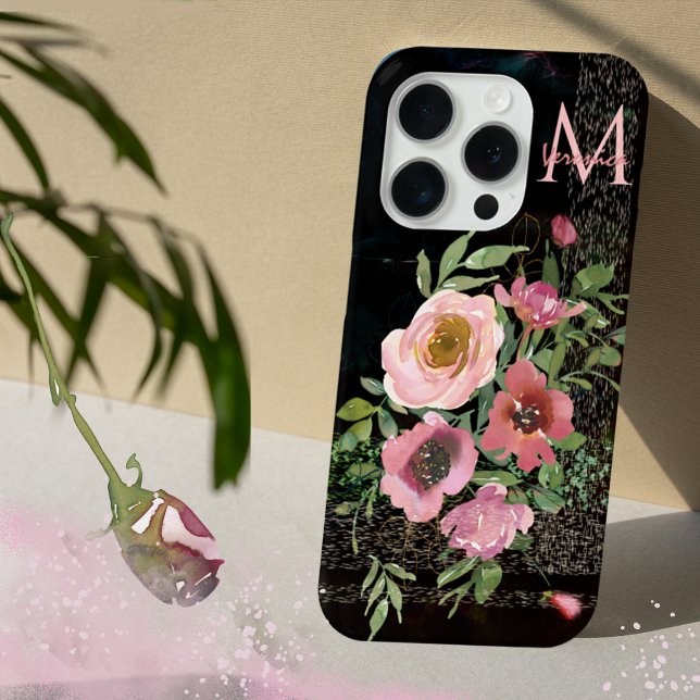 Funda De Case-Mate Para iPhone Pink Floral Black (Pink Floral Black iPhone Case with Monogram
)
