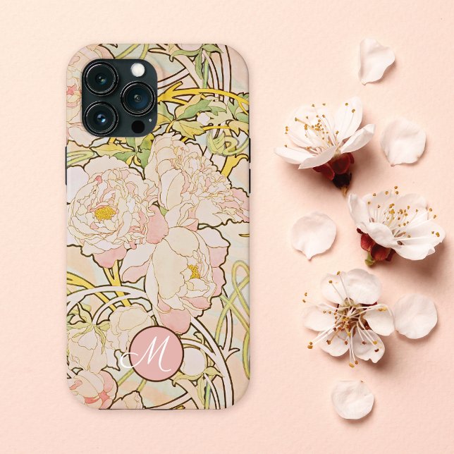 Funda De Case-Mate Para iPhone Pink Peony Alphonse Mucha Monograma (Subido por el creador)