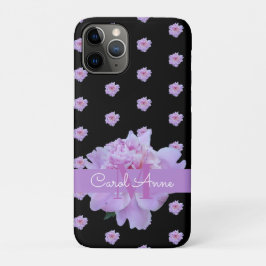 Funda Para iPhone 11 Pro Pink Peony Floral Monograma Morado Negro