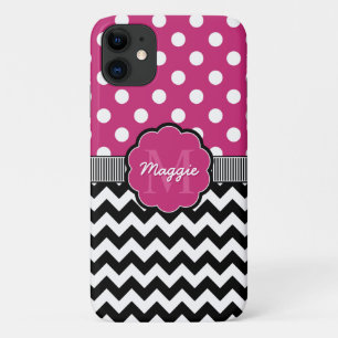 Funda Para iPhone 11 Pink Polka Dots Black Chevron Monograma
