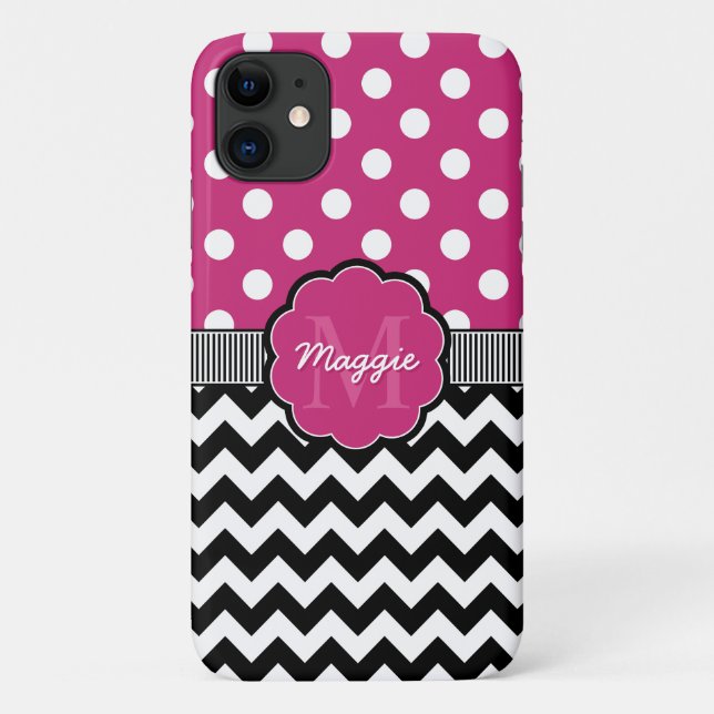 Funda De Case-Mate Para iPhone Pink Polka Dots Black Chevron Monograma (Reverso)