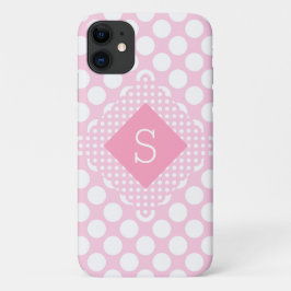 Funda Para iPhone 11 Pink Polkadots Monograma Girly Moderno Simple