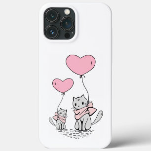 FUNDA PARA iPhone 13 PRO MAX PINK VALENTINE HEART BALLOONES CON KITTENS GRIS