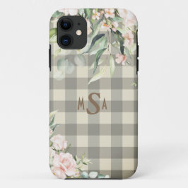 Funda Para iPhone 11 Pink & White Plaid Gingham Tan Monograma Floral