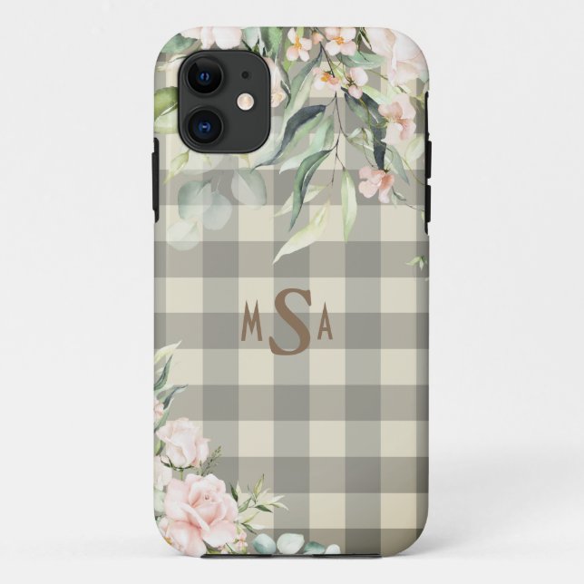 Funda De Case-Mate Para iPhone Pink & White Plaid Gingham Tan Monograma Floral (Reverso)