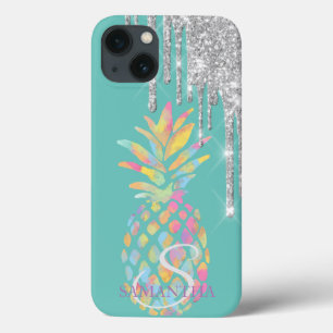 Funda Para iPhone 13 Pino Ananás Verde Menta con Drips de Purpurina Pla