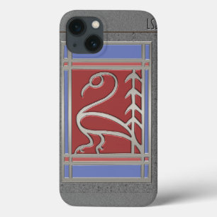 Funda Para iPhone 13 Pino y pájaro Art Decó - Rojo azul gris - Monogram