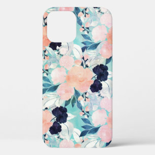 Funda Para iPhone 12 Pintura color agua floral azul y rosa brillante