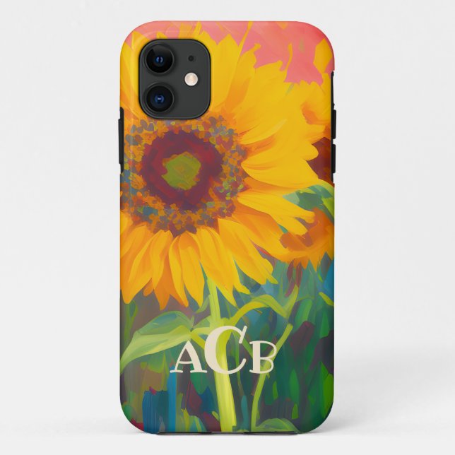 Funda De Case-Mate Para iPhone Pintura de girasol monograma (Reverso)