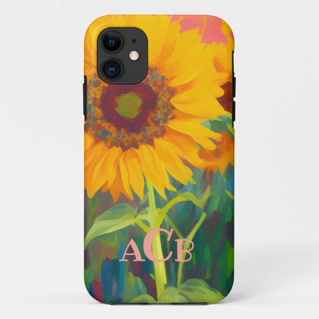 Funda De Case-Mate Para iPhone Pintura de girasol monograma (Reverso)