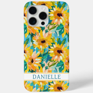 Funda Para iPhone 15 Pro Max Pintura de girasoles colorida con monograma