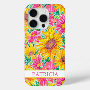 Funda Para iPhone 15 Pro Pintura de girasoles coloridos monogramada