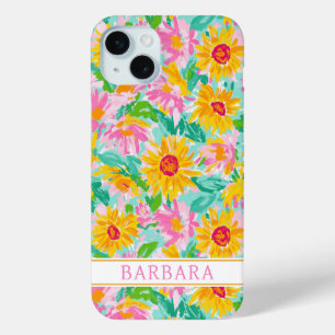 Funda Para iPhone 15 Mini Pintura de girasoles modernos monogramada
