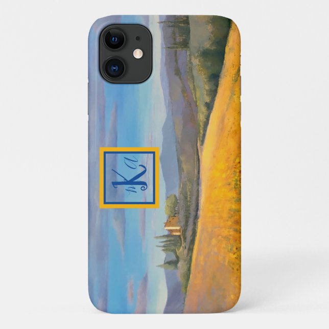 Funda De Case-Mate Para iPhone Pintura toscana del campo del girasol al monograma (Reverso)