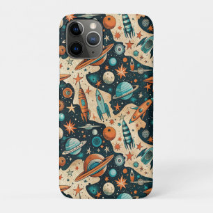Funda Para iPhone 11 Pro Planetas Naranja Teal Vivero Cohete Espacial Retro