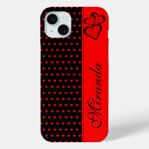 Funda Para iPhone 15 Mini Plantilla De Nombre De Patrón De Corazones Rojas Y