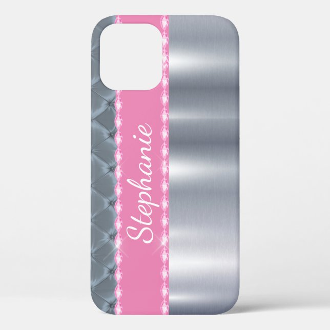 Funda De Case-Mate Para iPhone Plata Metálica Bling Glam Nombre Rosa (Reverso )