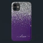 Funda Para iPhone 11 Plata Purpurina Púrpura Girly Monograma Nombre<br><div class="desc">La espuma de tinta plateada y púrpura y el Purpurina de goteo se cepillaron con el nombre de monograma Metalizado y el teléfono inicial. Esto hace que el dulce perfecto cumpleaños 16, boda, ducha de novia, aniversario, ducha de bebé o fiesta de soltera sea regalo para alguien que ama el...</div>