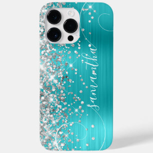 Funda Para iPhone 14 Pro Max De Case-Mate Plateado Brillante y Firma Rizada Azul Turquesa