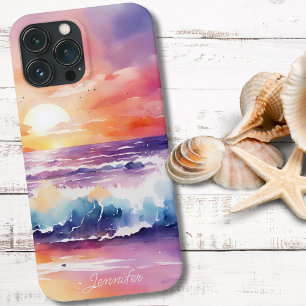 Funda Para iPhone 13 Pro Max Playa de acuarela en el monograma de la puesta del