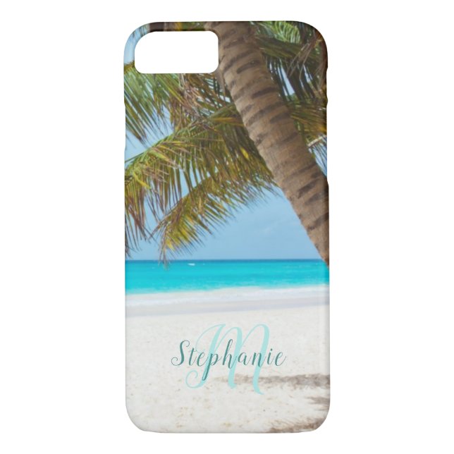 Funda De Case-Mate Para iPhone Playa de arena tropical Árbol de palmeras turquesa (Reverso)