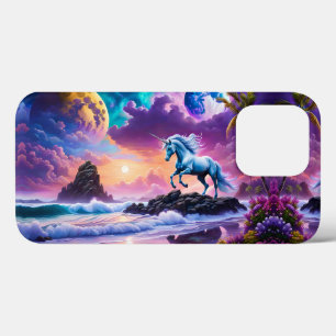 Funda Para iPhone 13 Pro Playa Tropical de Fantasía de Unicornio Blanco