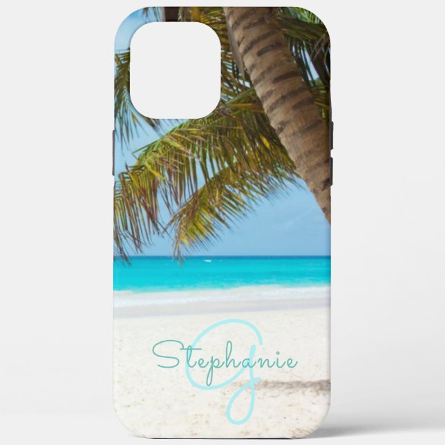 Funda De Case-Mate Para iPhone Playa tropical Turquesa Monograma Palm Tree (Reverso )