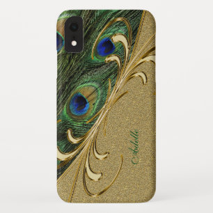 Funda Para iPhone XR Pluma de pavo real con ornamento de oro moderno