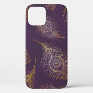 Funda Para iPhone 12 Pluma de pavo real de oro con fondo violento