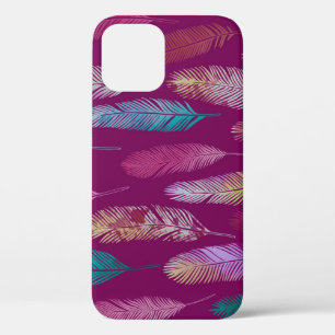 Funda Para iPhone 12 Plumas coloridas: patrón de fondo morado.