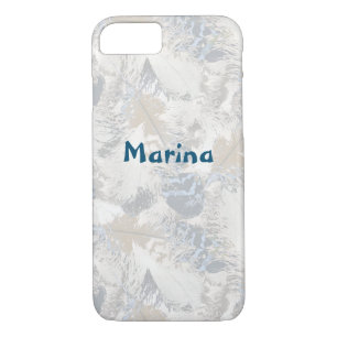 Funda Para iPhone 8/7 plumas de búho, gris, beige y azul, pájaro, luz,