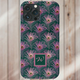 Funda Para iPhone 13 Pro Max Plumas de pavo real rosado y monograma sobre verde