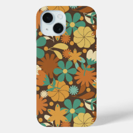 Funda Para iPhone 15 Poder Floral Retro Funky de los Sesenta en Marrón