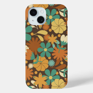 Funda Para iPhone 15 Poder Floral Retro Funky de los Sesenta en Marrón