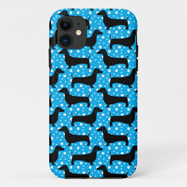 Funda De Case-Mate Para iPhone Polka azul Dachshunds (Reverso)