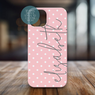 Funda Para iPhone 15 Polka de moda Dot rosado guión gris nombre