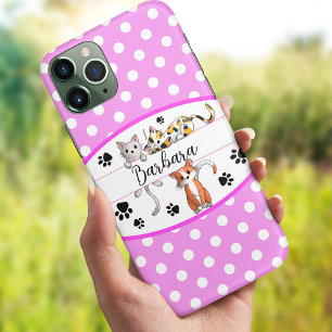 Funda Para iPhone 13 Polkadot rosa y blanco, personalizado de gatitos l