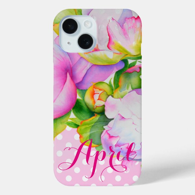 Funda De Case-Mate Para iPhone Polkadots florales clásicos de peonía blanca rosa  (Reverso )