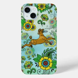 Funda Para iPhone 15 Mini Poodle marrón con Frisbee en fondo paisley