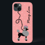 Funda Para iPhone 13 Poodle Skirt Retro rosa y negro 50 personalizado<br><div class="desc">Este lindo estuche de teléfono Galaxy de diseño de caniche francés se deriva de las clásicas faldas de caniche de los años 50. El perro de cangrejo negro de bonito tiene pompones grises de piel con puntos de polka y una correa de estilo esténcil negro. El conjunto se basa en...</div>