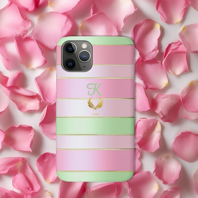 Funda De Case-Mate Para iPhone Posh Monogrammed Pastel Rosa y Verde  (Luxe Pastel Pink and Green Phone Case )