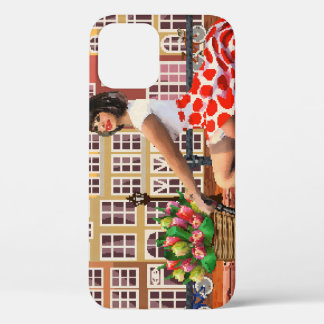 Funda Para iPhone 12 Poster de Amsterdam: Ciclismo Chica Pin-Up.