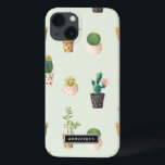 Funda Para iPhone 13 Potes pintados con un iPad de patrón de Cacti y su<br><div class="desc">Estuche para iPad moderno y lindo con cactus y suculentos en macetas de corazones pintados con fondo de menta. Este funda personalizado será perfecto como regalo. Hay diseños similares disponibles.</div>